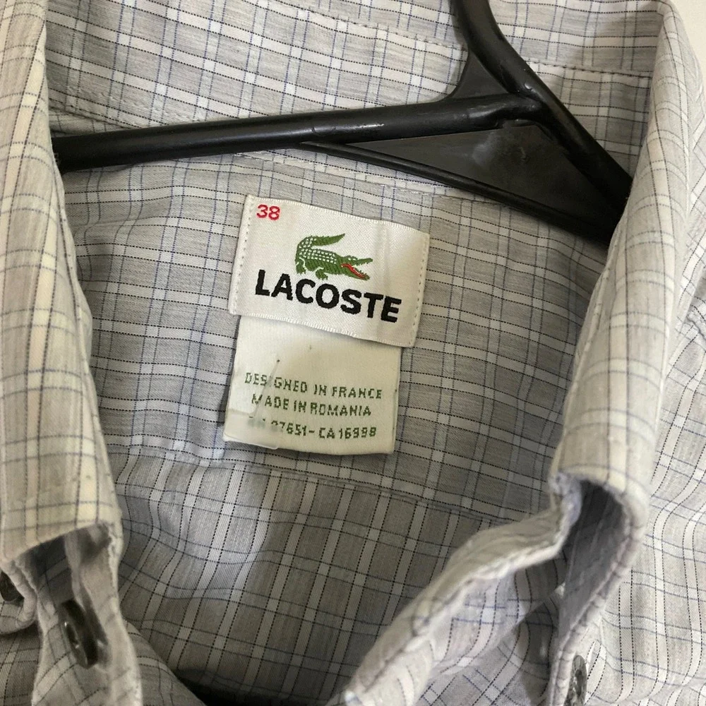 Lacoste Mens Grey Micro Check Button Down Shirt 38 M Long Sleeve‎ Cotton F5182